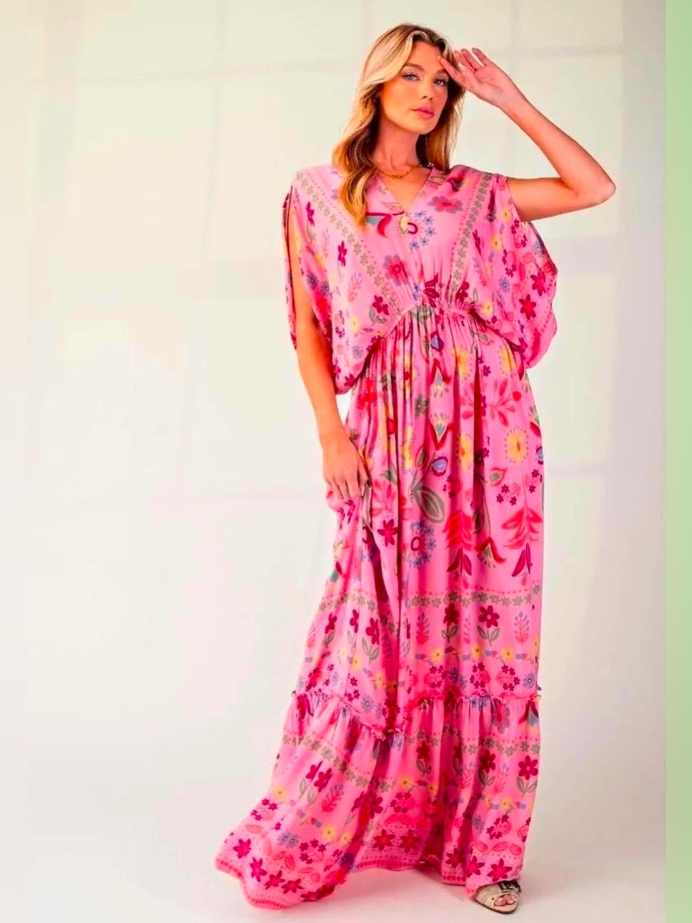A3-2 Easel Pink Floral Boho Maxi Dress with Gathered Waist